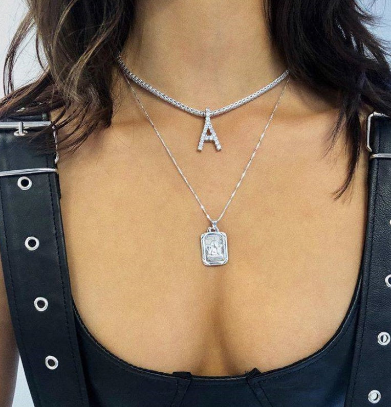 Custom silver tennis personalized name choker initial letter pendant necklace